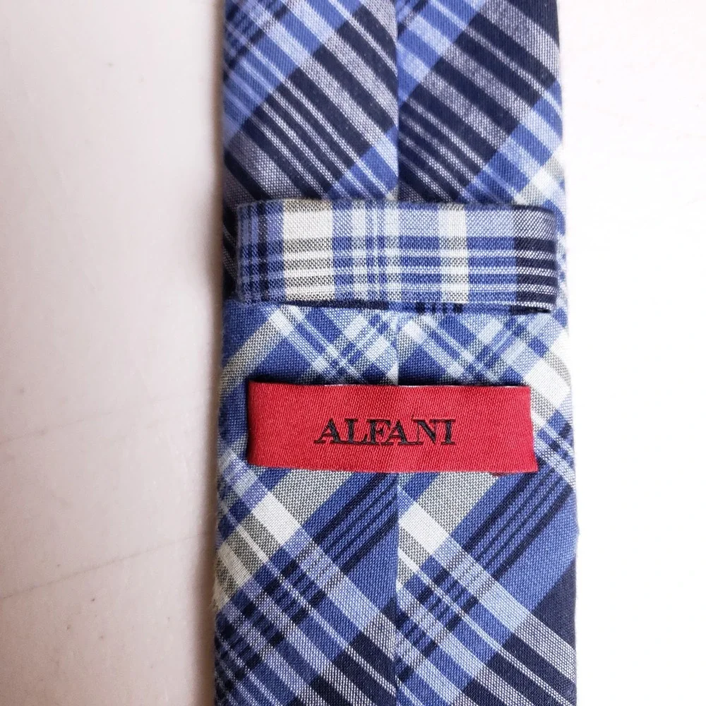 Alfani Plaid Necktie‎ Mens Blue Cotton Blend Preppy Prep Classic Geometric Ties